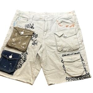 Men unique 9 pockets denim shorts,travel,patch pockets,graffiti, skateborder.